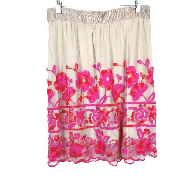 Monoplaza Pink Red Floral Embroidered Mesh Overlay Floral A-line Skirt  - Size S - Picture 1 of 6